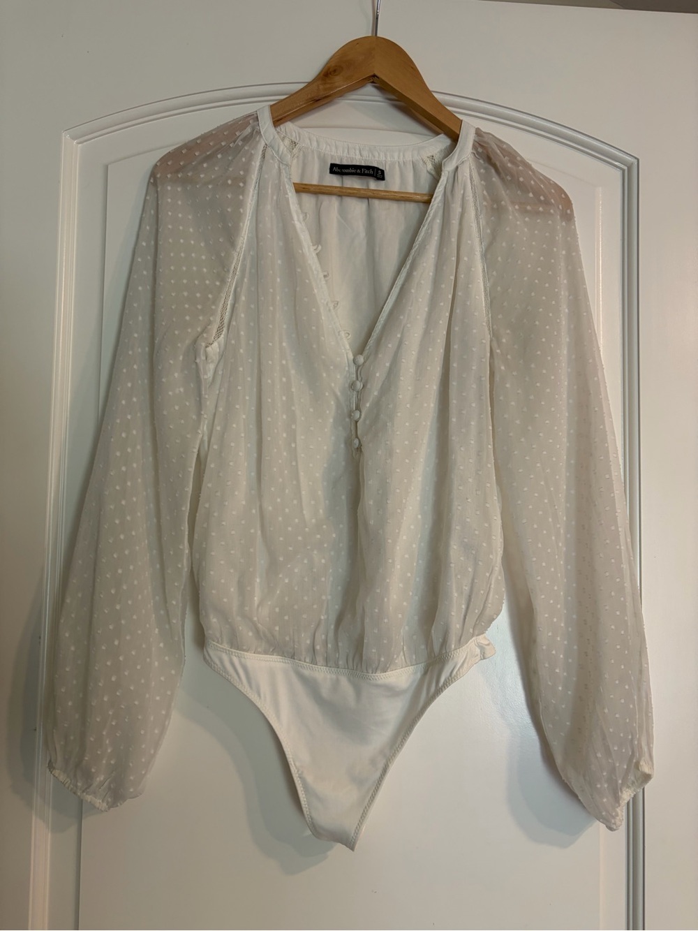 Abercrombie & Fitch Plisse Dot White Bodysuit Sheer Long Sleeve S